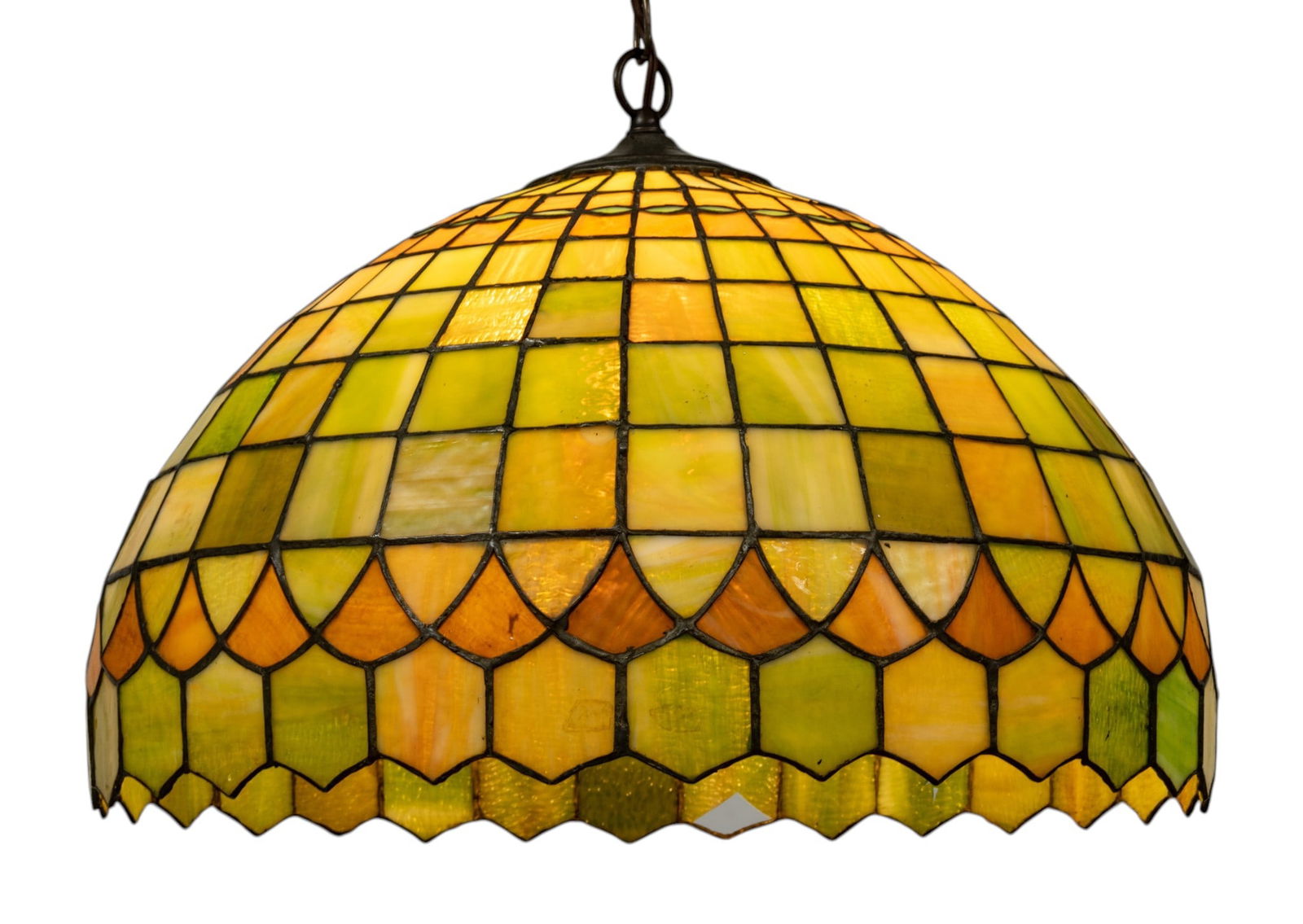 American Leaded Slag Glass Hanging Shade, Ca. 1960, H 14" Dia. 20": American Leaded Slag Glass Hanging Shade, Ca. 1960, H 14" Dia. 20" Comprised of graduated rectangular and arched slag glass panels rise to a patinated metal cap. Single light. Chain length 14". Ceilin