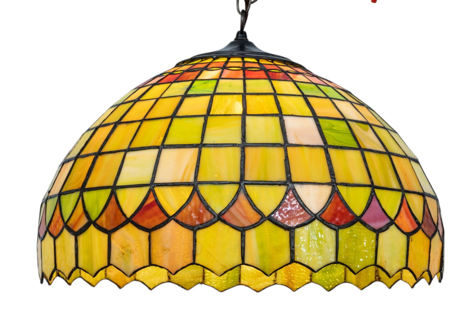 American Leaded and Slag Glass Hanging Shade 1960, H 14" Dia. 20": American Leaded and Slag Glass Hanging Shade 1960, H 14" Dia. 20" Comprised of graduated rectangular and arched slag glass panels rise to a patinated metal cap. Single light. Chain length 12". Ceiling