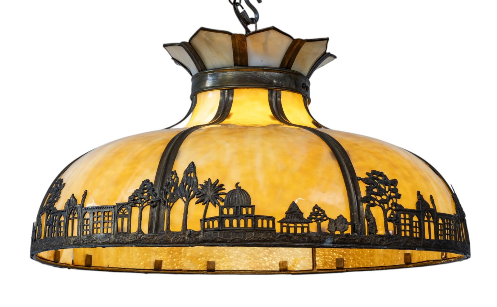 Attributed to Bradley & Hubbard Bent Slag Glass Hanging Shade 1910-1920, H 12" Dia. 22": Attributed to Bradley & Hubbard Bent Slag Glass Hanging Shade 1910-1920, H 12" Dia. 22" Bent caramel slag glass in a patinated metal frame having silhouetted scene of Cyprus trees, mosques, and facade