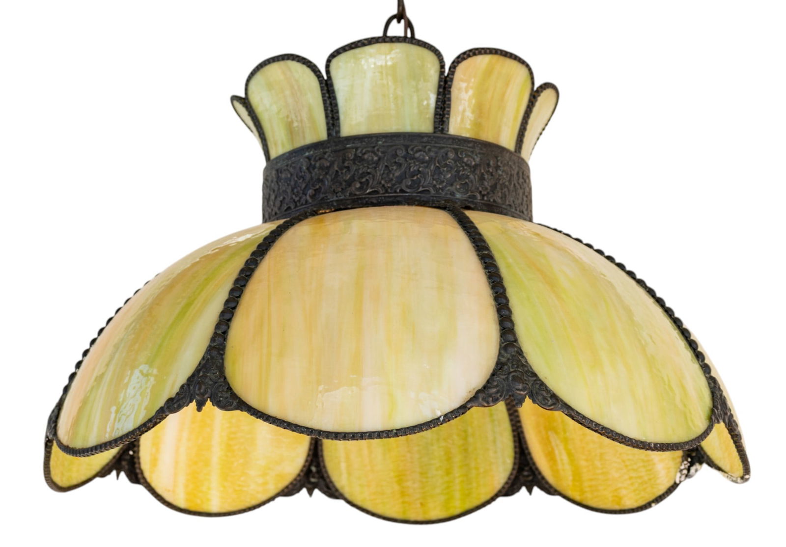 American Victorian Style Slag Glass Hanging Shade Late 20th C., H 11" Dia. 17": American Victorian Style Slag Glass Hanging Shade Late 20th C., H 11" Dia. 17" Eight bent slag glass tulip petals within a patinated metal frame beads, scrolling leaves and flower blossoms. 13" Chain.