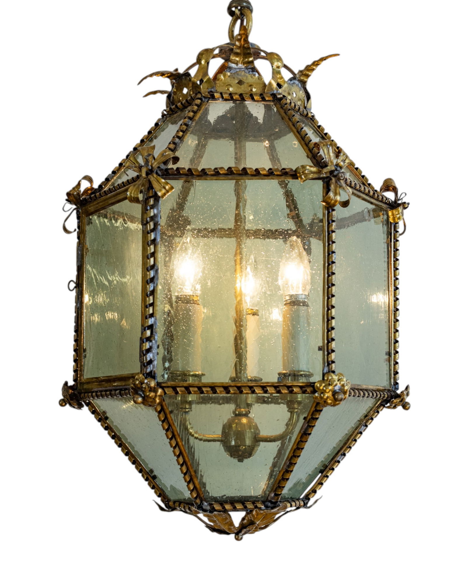 Regency Style Patinated Metal Hexagonal Foyer Lantern, Ca. 1950-1960, H 24" Depth 15" (1 of 6)