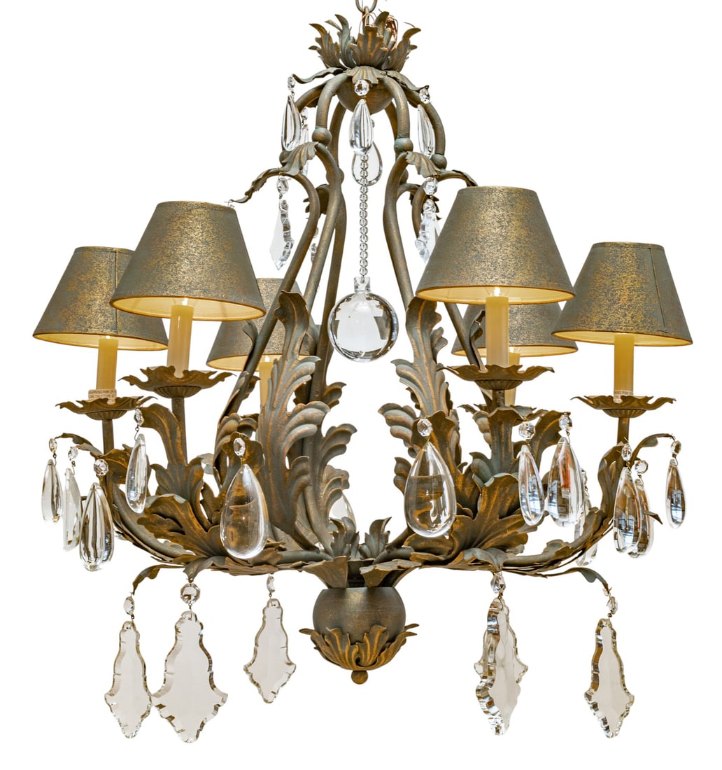 Patinated Metal Six Light Chandelier in an Acanthus Leaf Design, Late 20th C., H 28" Dia. 27": Patinated Metal Six Light Chandelier in an Acanthus Leaf Design, Late 20th C., H 28" Dia. 27" Patinated metal frame with an acanthus leaf design. Six candlestick style lights with painted paper shades