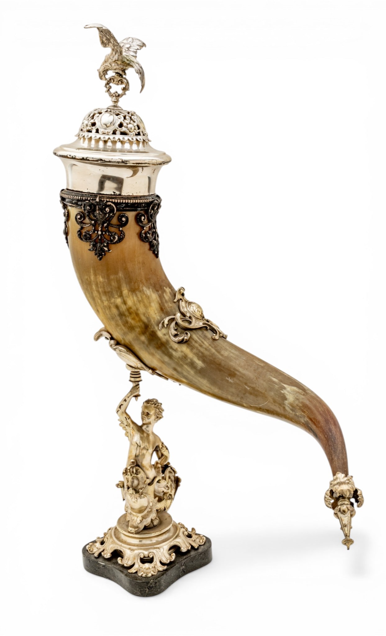 German Silver Plate Drinking Horn on Figural Stand 19th Cent., H 27" W 7" L 20": German Silver Plate Drinking Horn on Figural Stand 19th Cent., H 27" W 7" L 20" Natural bovine horn vessel with silver-plated mountings that feature an eagle finial. Supported by a figure of putti eme