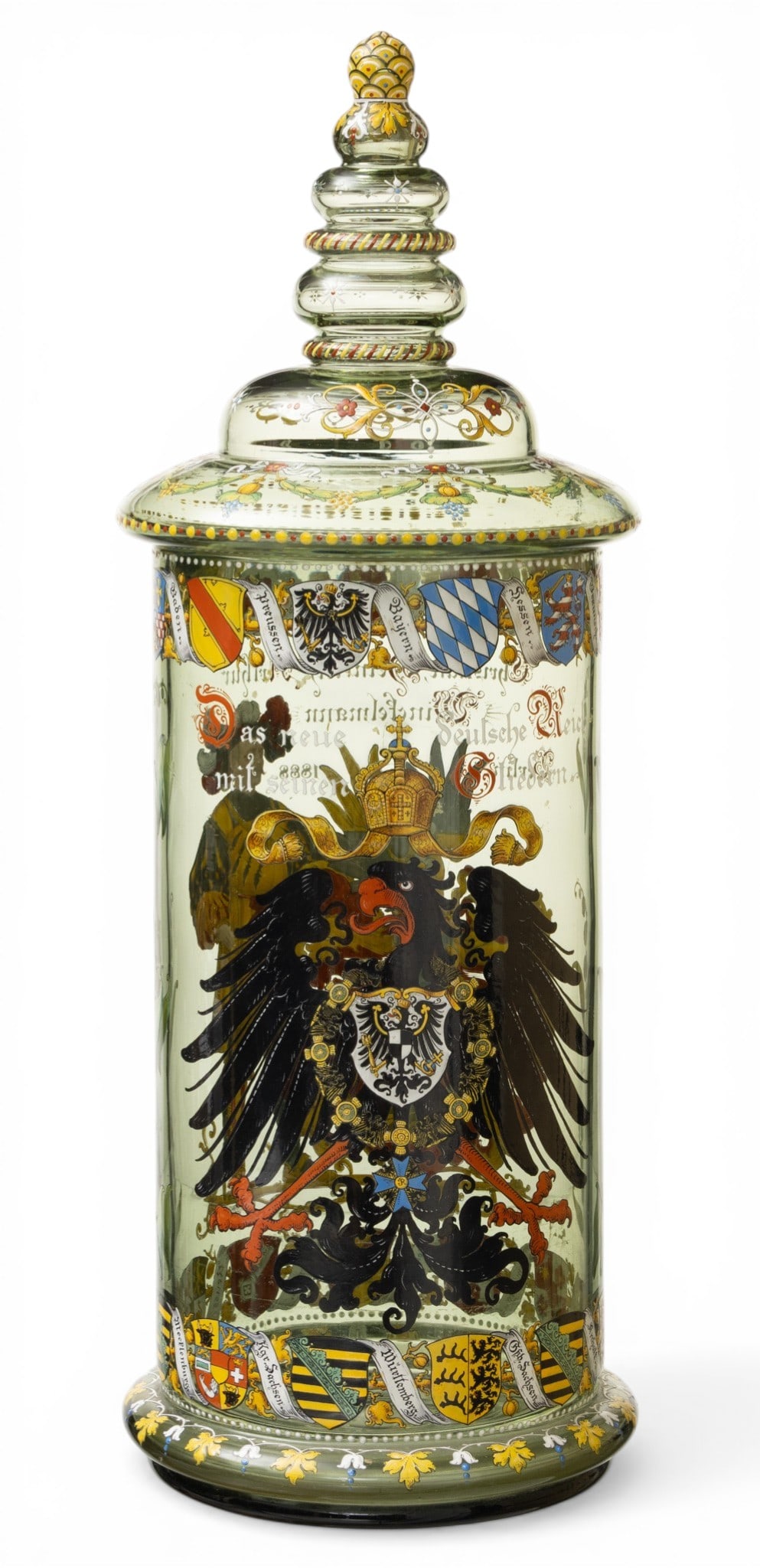 German Imperial Green Enameled Glass Eagle Beaker with Cover 1888, H 19" Dia. 7" 1 PC: German Imperial Green Enameled Glass Eagle Beaker with Cover 1888, H 19" Dia. 7" 1 PC Ceremonial drinking vessel mold blown and decorated with enameled glass. One side decorated with a gentleman dress