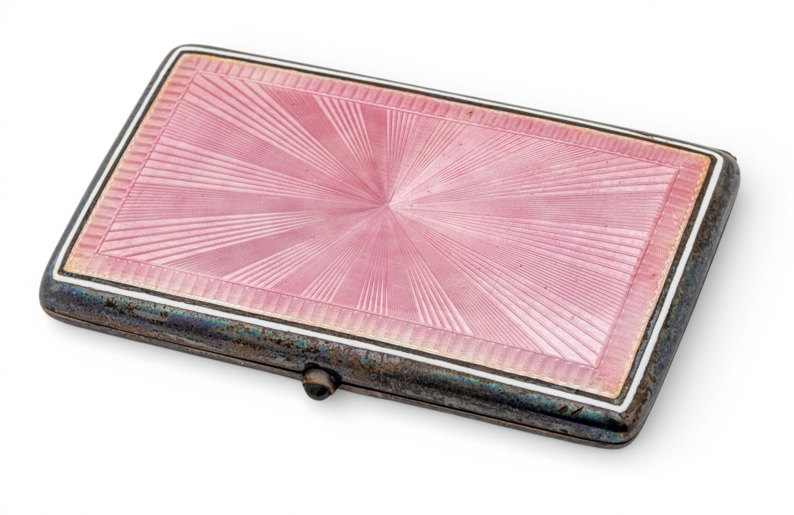 Sterling and Pink Guilloche Enamel Card Case 1900, W 2" L 3.2": Sterling and Pink Guilloche Enamel Card Case 1900, W 2" L 3.2" Hinged. Careflully made and impressed with "935" silver content. Hinges are secure and concealed. Enamel cover in rayed pink enamel. Dime