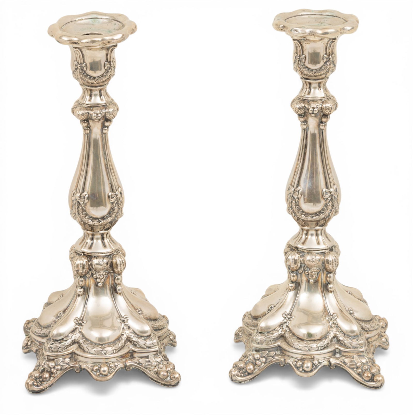 German 800 Silver Candlesticks 19th.c., H 14" W 6" 32 t oz 1 PAIR (1 of 3)