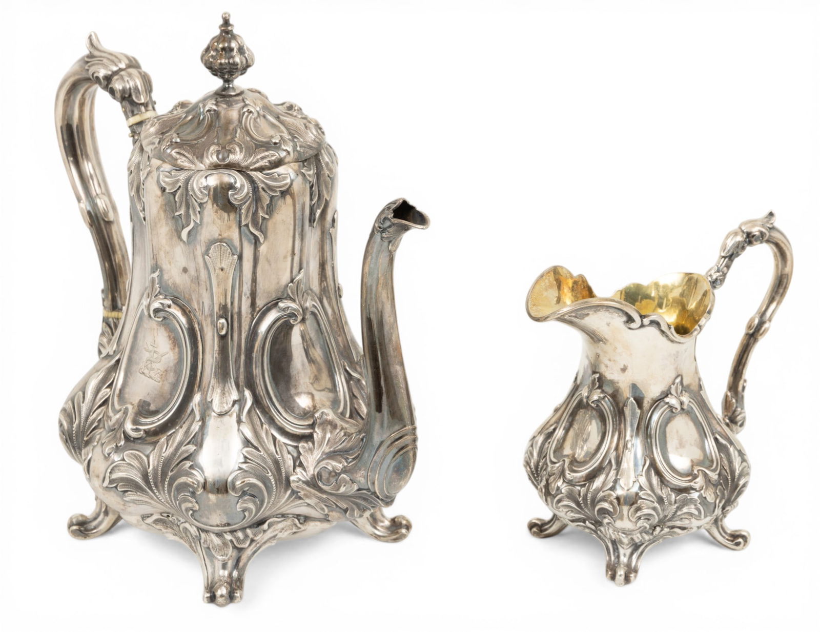 Henry Wilkinson & Co (Sheffield, England) Sterling Silver Coffee Pot and Creamer 1856, H 10.2" 34.5: Henry Wilkinson & Co (Sheffield, England) Sterling Silver Coffee Pot and Creamer 1856, H 10.2" 34.5 t oz 2 PCS Hallmarks include crown, date letter N, rampant lion, queen's head, maker's mark. Coffee