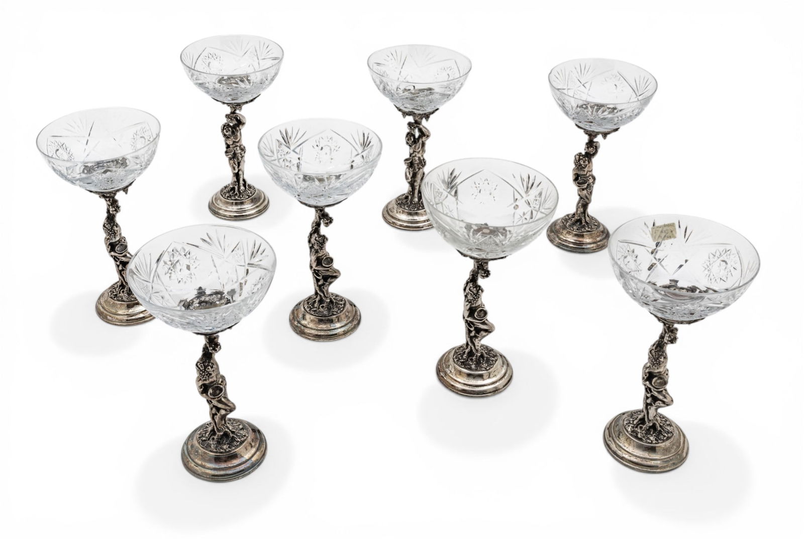 Italy, 800 Silver and Crystal Baccus Coupe Champagnes, Unique 1900, H 7" 8 PCS (1 of 6)