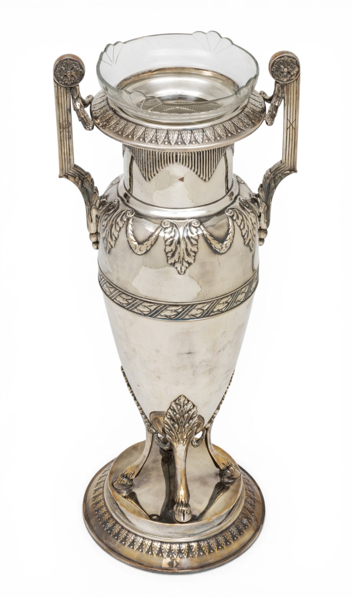 Neoclassical Style Silver Plate Double Handled Flower Urn, Ca. 1910-1920, H 26.5" Dia. 11": Neoclassical Style Silver Plate Double Handled Flower Urn, Ca. 1910-1920, H 26.5" Dia. 11" Retains original glass insert with shell accents. Double handled amphora-form with raised laurel and acanthus