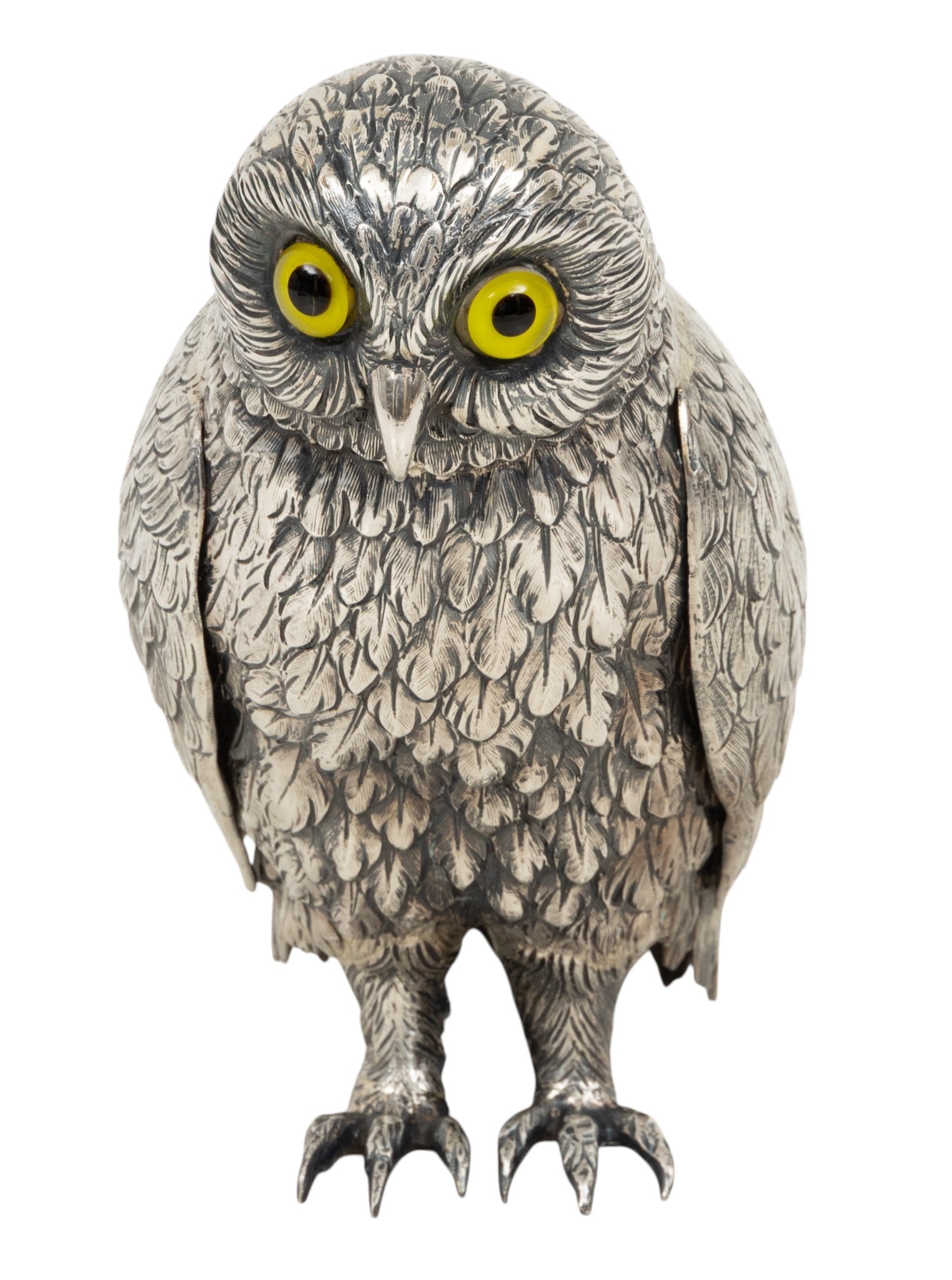 German Sterling Silver Owl, Glass Eyes H 6.5" Depth 5" 19 t oz: German Sterling Silver Owl, Glass Eyes H 6.5" Depth 5" 19 t oz Standing figure. Weighted. Stamped 925, Germany and sterling. Dimensions: H 6.5" Depth 5" 19 t oz