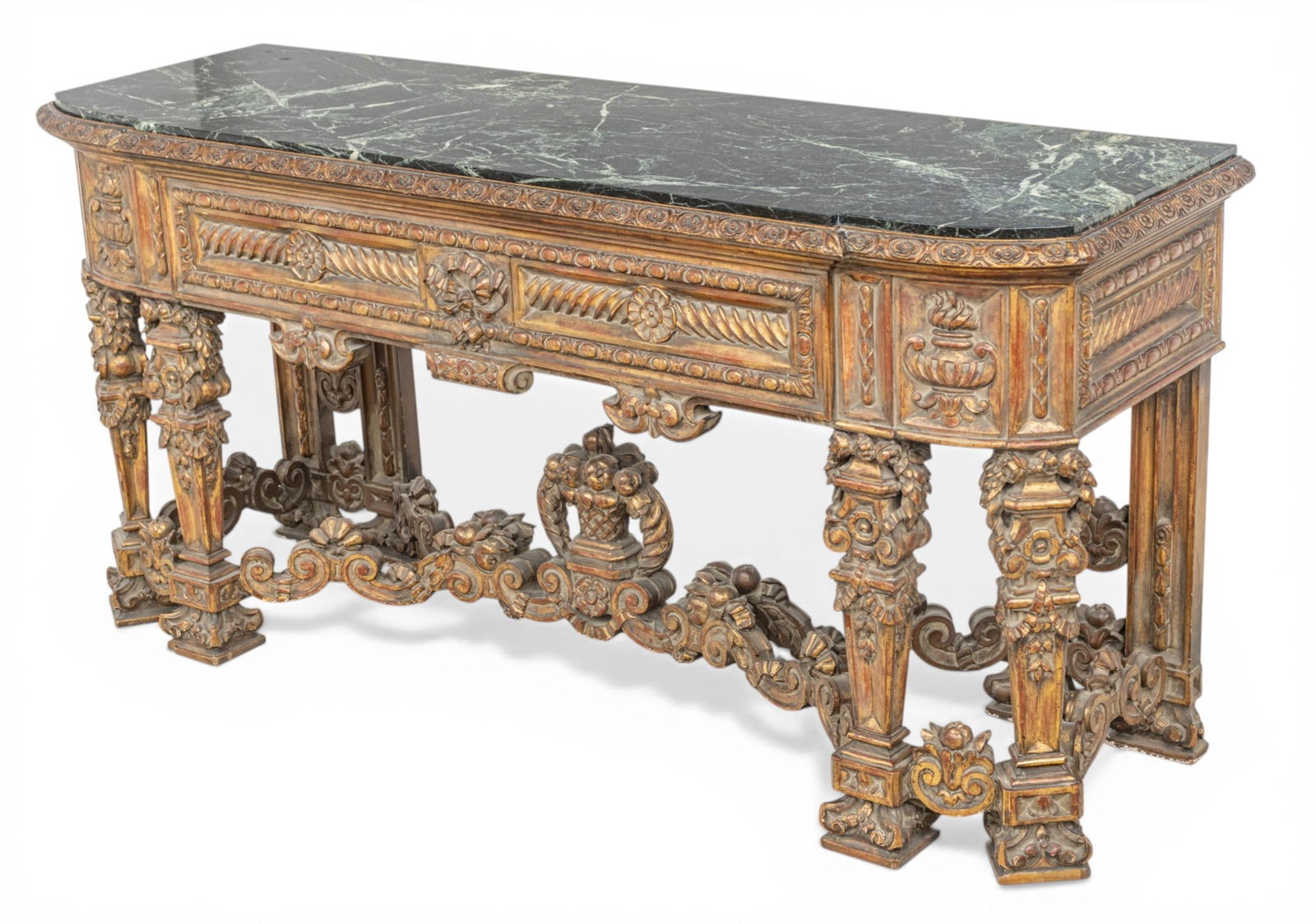 French Louis XIV Style Marble Top Console Table, Ca. 1900, H 29" W 20" L 62" 1 PC: French Louis XIV Style Marble Top Console Table, Ca. 1900, H 29" W 20" L 62" 1 PC Made in France. Heavily carved walnut giltwood console table having a thick green marble top and a two drawer ap