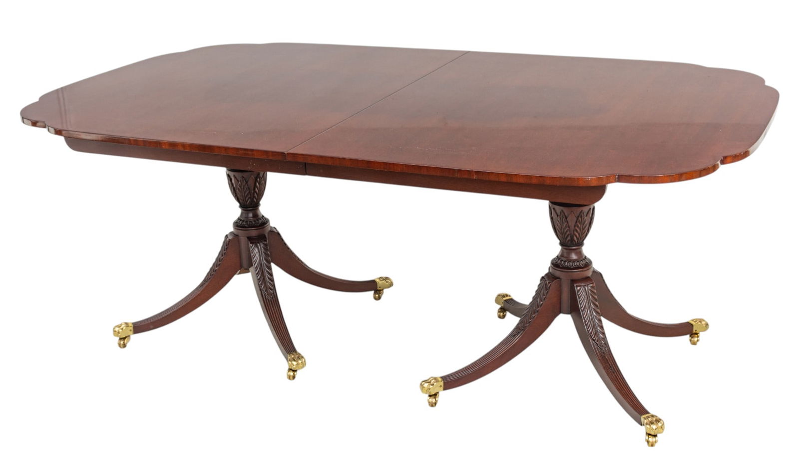 Kindel Furniture Company (American) Winterthur Reproduction Mahogany Dining Table 20th C., H 29" W: Kindel Furniture Company (American) Winterthur Reproduction Mahogany Dining Table 20th C., H 29" W 46" Depth 77" Mahogany, Duncan Phyfe style extension dining table, trefoil corners , double base with