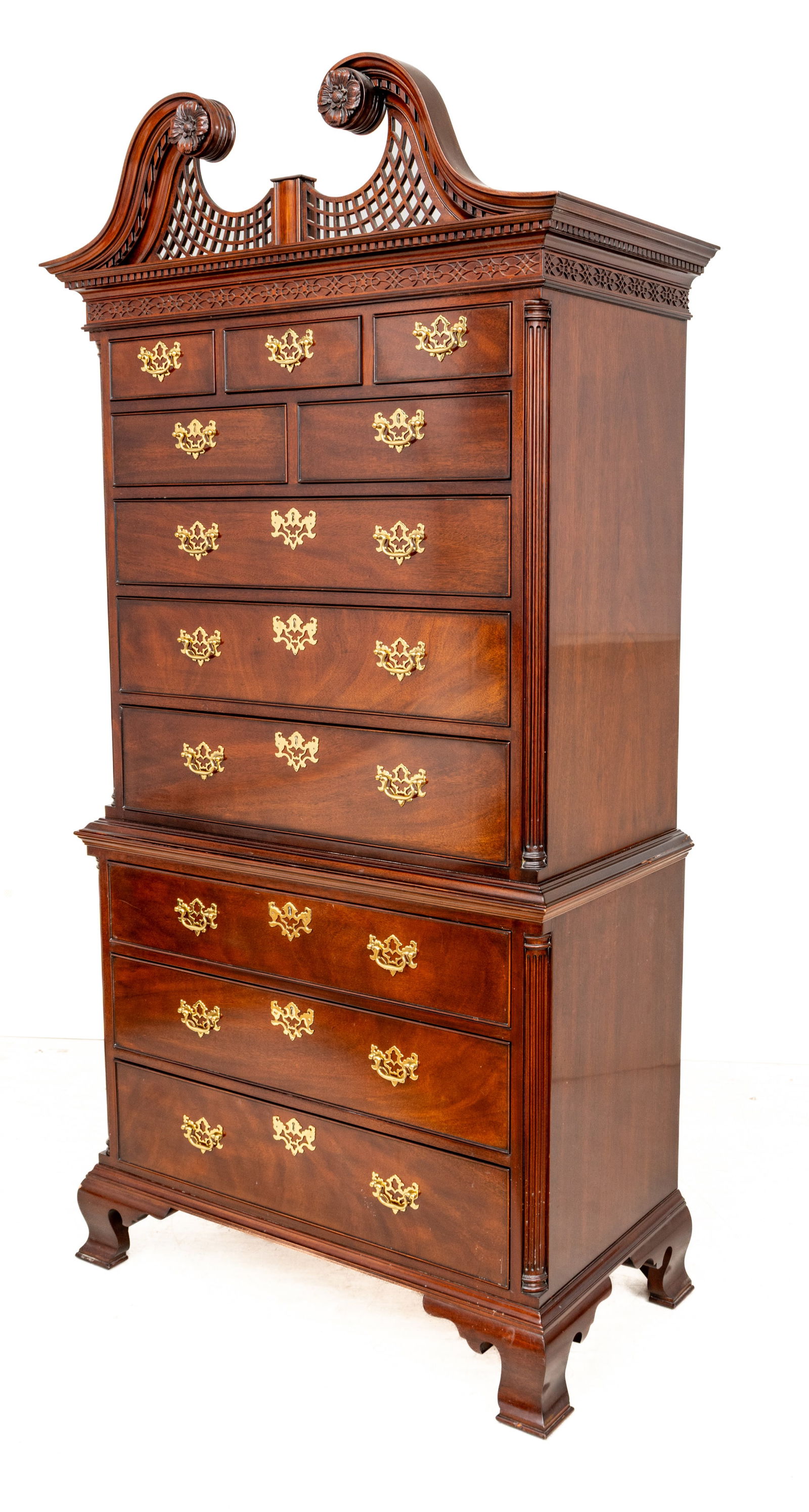 Kindel Furniture Company (American) Mahogany Two-piece High Chest 20th C., H 91" W 43" Depth 23" (1 of 12)