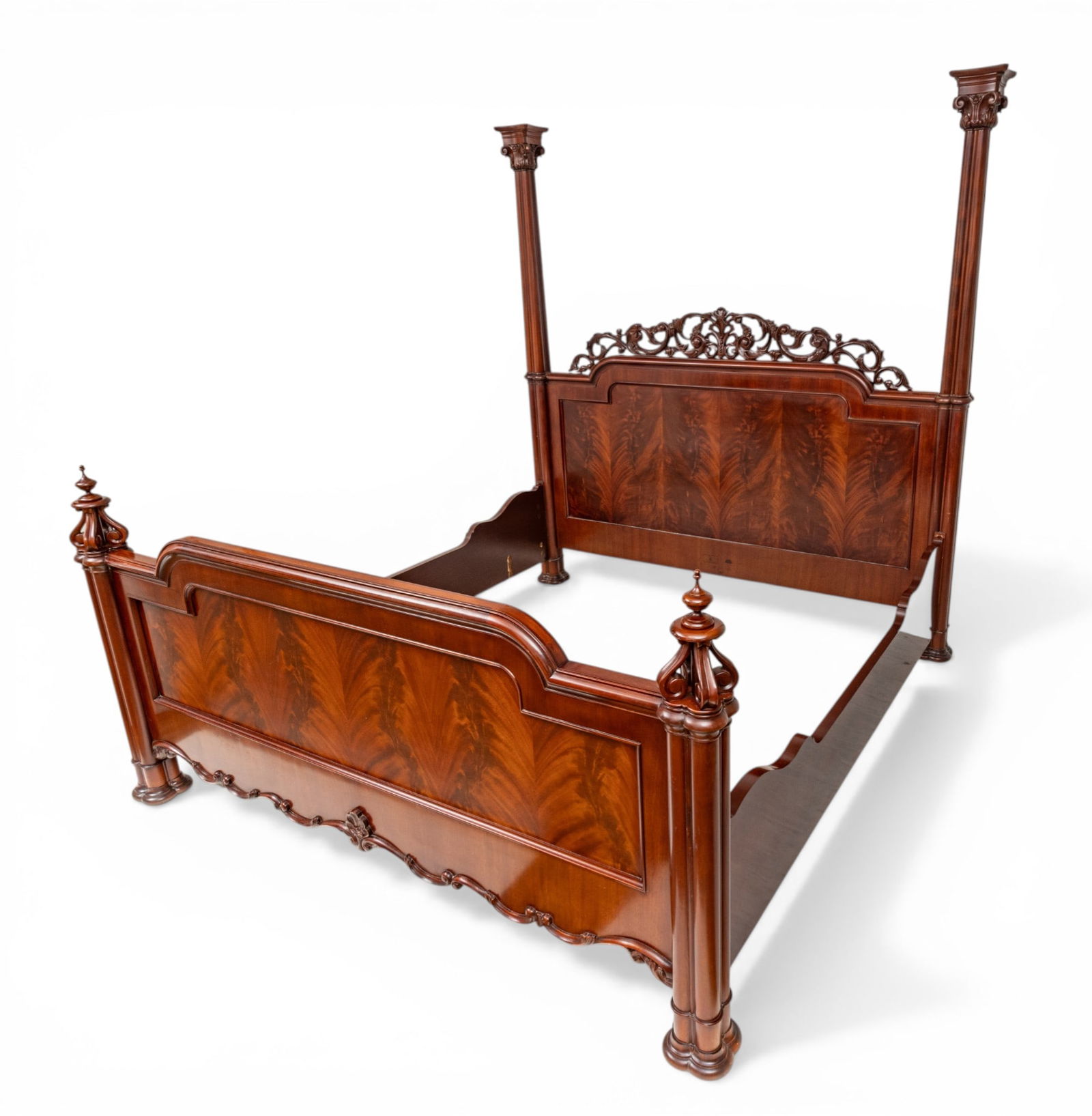 Kindel Furniture Company (American) Mahogany King-Size Bed 20th C., H 78" W 81" Depth 84": Kindel Furniture Company (American) Mahogany King-Size Bed 20th C., H 78" W 81" Depth 84" Kindel king-size bed. Two-poster bed with machine carved headboard with veneer flame mahogany foot-board. Prov