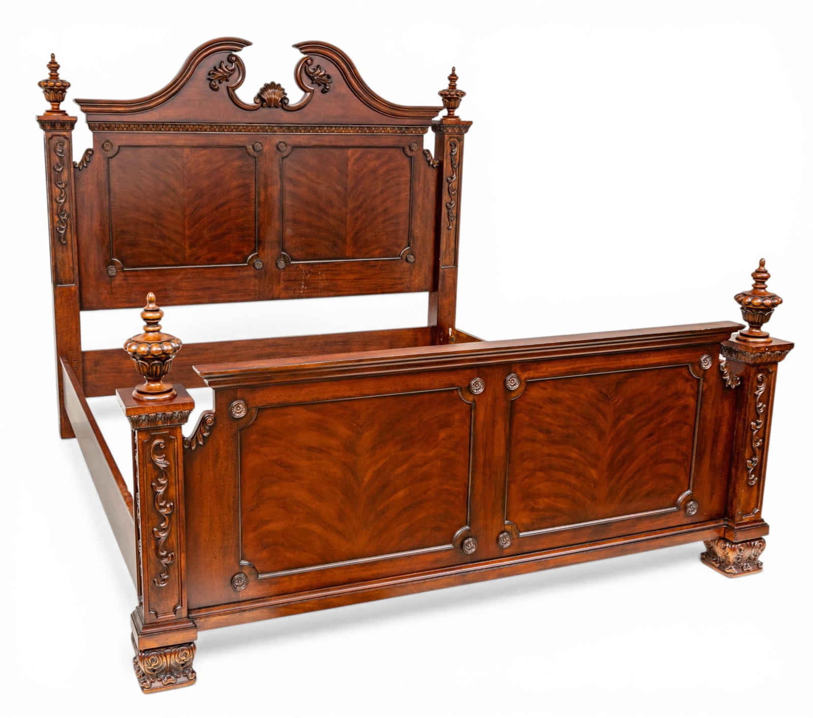 Mahogany King-Size Bed 20th C., H 72" W 84" Depth 88": Mahogany King-Size Bed 20th C., H 72" W 84" Depth 88" Bed with mahogany head and foot board having finials and interrupted pediment. Provenance: Property from the collection of a member of the Kindel