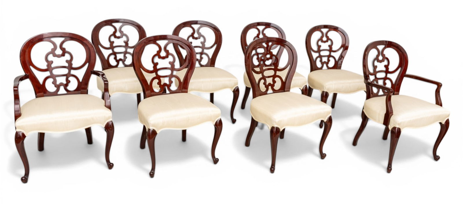 Kindel Furniture Company (American) Cherry Draper Café Chairs 20th C., H 36" W 23" Depth 17" 8: Kindel Furniture Company (American) Cherry Draper Café Chairs 20th C., H 36" W 23" Depth 17" 8 PCS Pierced balloon backs, ivory upholstered seats, raised on cabriole legs ending in scrolled feet.