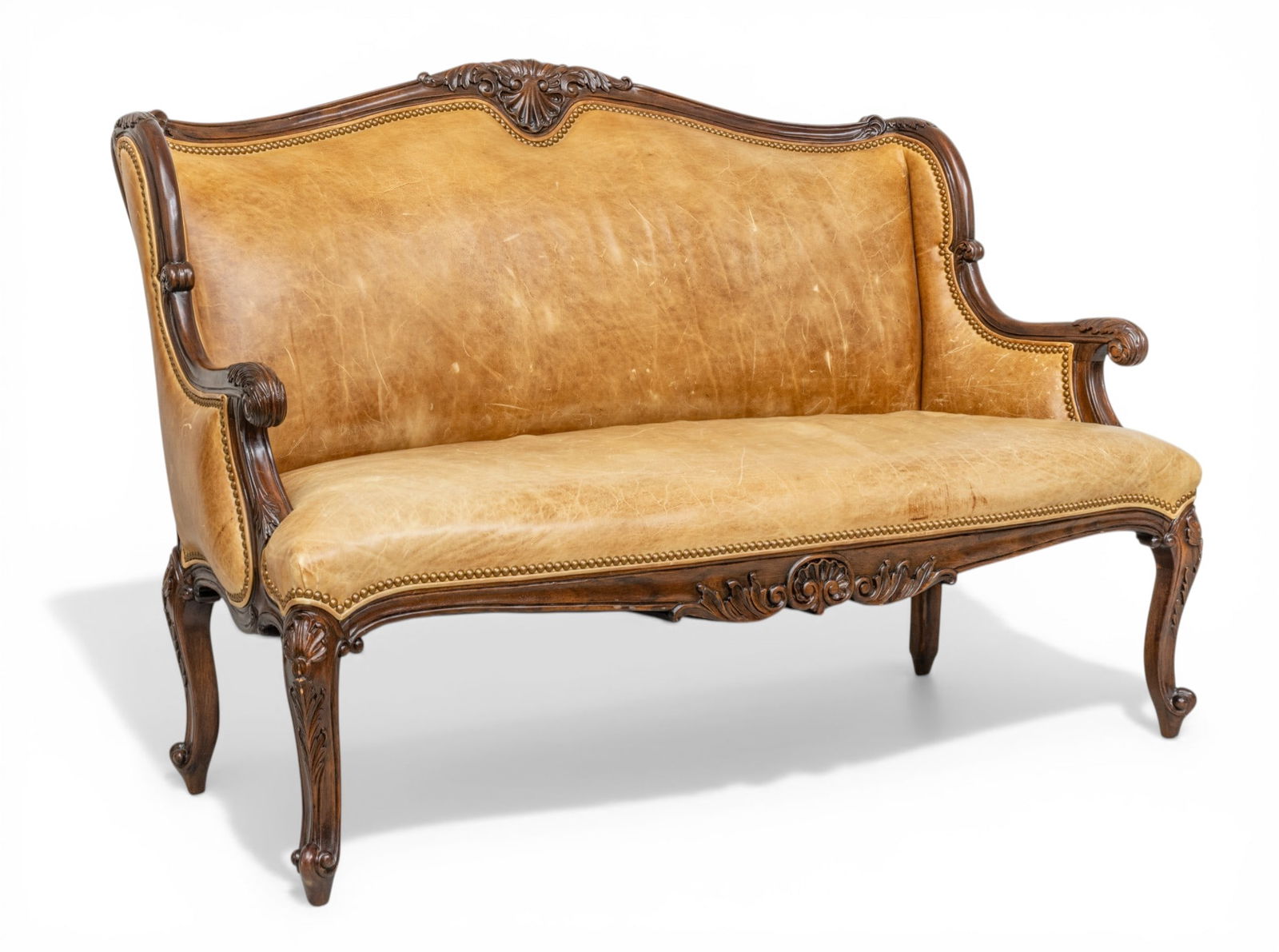 Hancock & Moore Mahogany Leather-Upholstered Settee 20th C., H 41" W 57" Depth 27.5": Hancock & Moore Mahogany Leather-Upholstered Settee 20th C., H 41" W 57" Depth 27.5" Settee has leather upholstery with brass nailhead trim, mahogany wood. Dimensions arm H 24-1/2". Dimensions seat H
