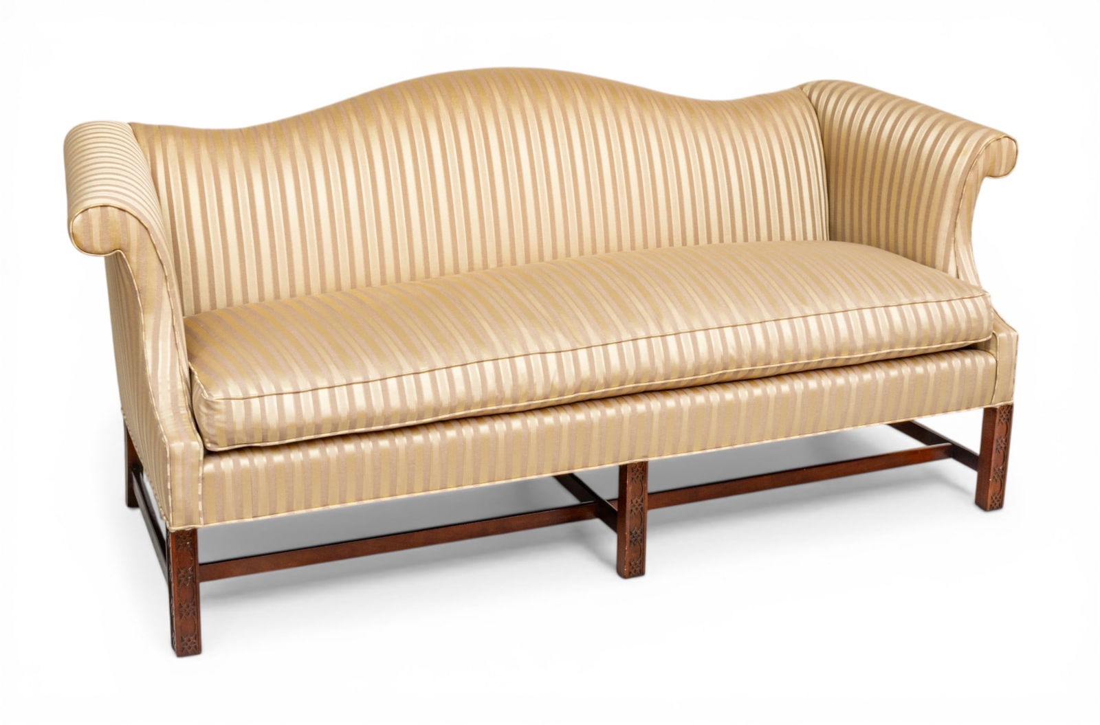 Camelback Upholstered Sofa 20th C., H 33" W 70.5" Depth 30.5": Camelback Upholstered Sofa 20th C., H 33" W 70.5" Depth 30.5" Loose cushion upholstered sofa, raised on machine carved wooden marlborough legs with stretchers. Mahogany finish to base. Provenance: Pr