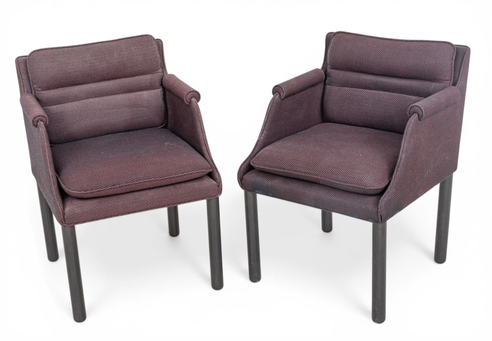 Kasparians, Inc. Purple Upholstered Chairs 1980, H 31" W 23" Depth 23" 8 PCS: Kasparians, Inc. Purple Upholstered Chairs 1980, H 31" W 23" Depth 23" 8 PCS Chairs having rolled arms and straight steel legs. George Kasparian was a prominent California-based furniture designe