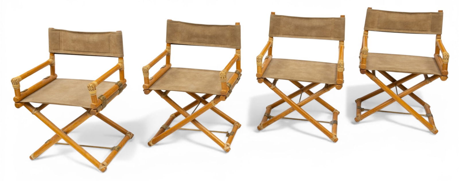 Maguire Faux Seude Directors Folding Chairs H 33" W 22" Depth 19" 4 PCS: Maguire Faux Seude Directors Folding Chairs H 33" W 22" Depth 19" 4 PCS X-Form folding chairs having gray faux suede seats and oak frames. Four total. Provenance: Property from a Birmingham, MI