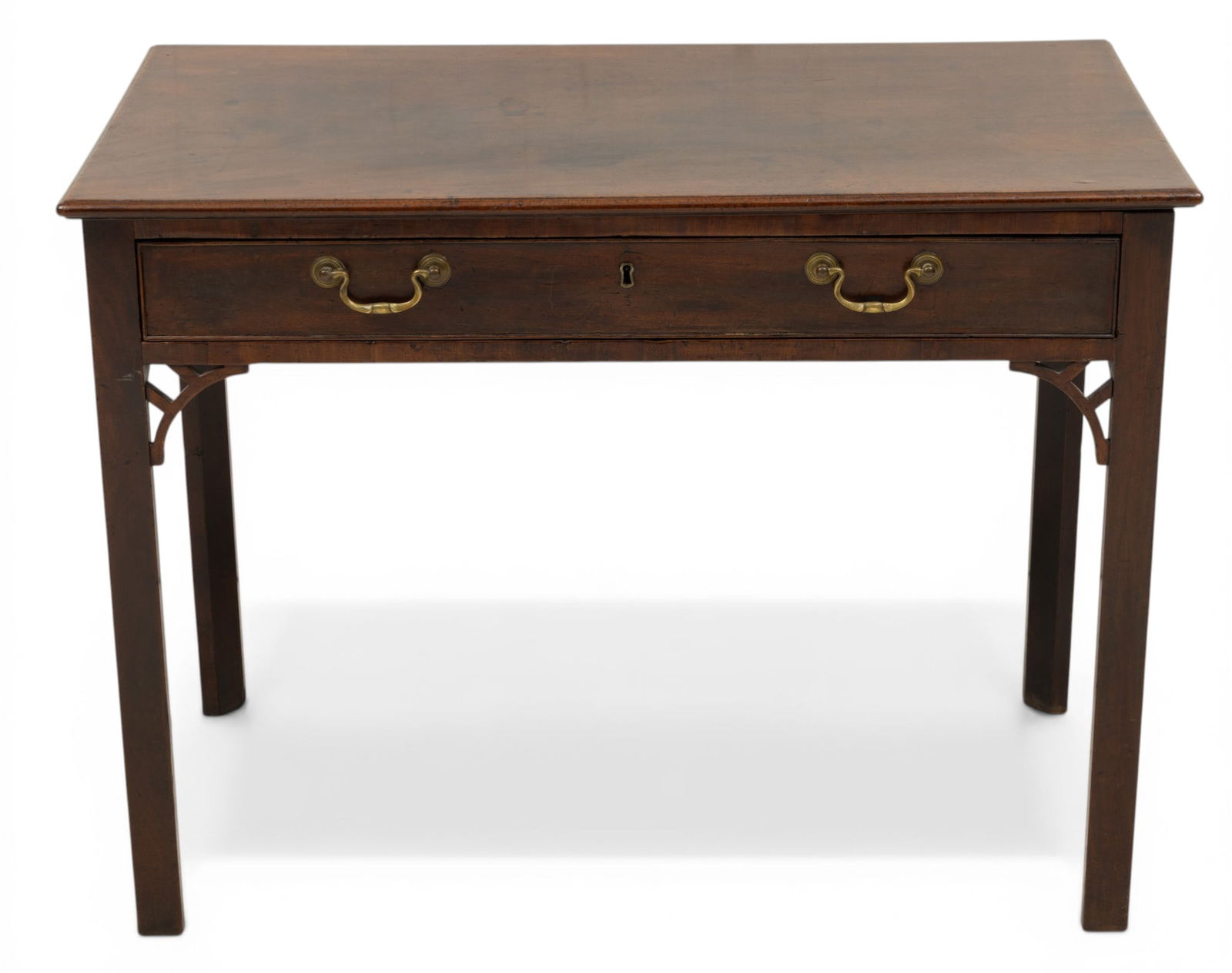 English George III Mahogany Console Table, Ca. 1780, H 29" W 22" L 39": English George III Mahogany Console Table, Ca. 1780, H 29" W 22" L 39" Chippendale style having a single drawer with brass bale handles, fretwork corner brackets, raised on straight legs. Original bra