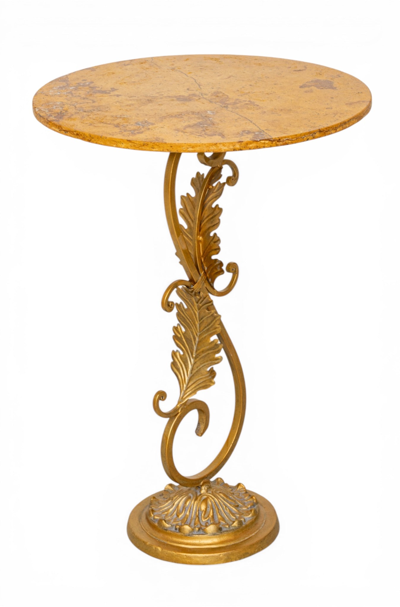 Marble-Top End Table with Cast Metal Base 20th C., H 25" Dia. 17": Marble-Top End Table with Cast Metal Base 20th C., H 25" Dia. 17" Having a round stone top above gilded scrolling base. Base Dia 8-1/2". Provenance: Property from the collection of a member of the Ki