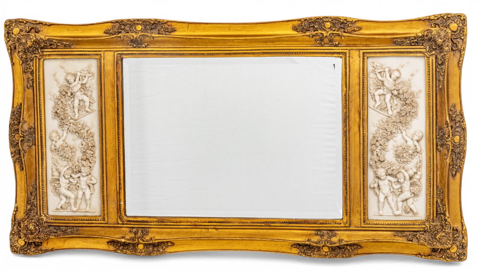 Italian Hand Carved Marble, Beveled Glass, and Gilded Gesso Wall Mirror Mid 20th C., H 26" W 48": Italian Hand Carved Marble, Beveled Glass, and Gilded Gesso Wall Mirror Mid 20th C., H 26" W 48" Gilded carved wood and gesso frame encases center beveled mirror flanked by two hand carved marble reli