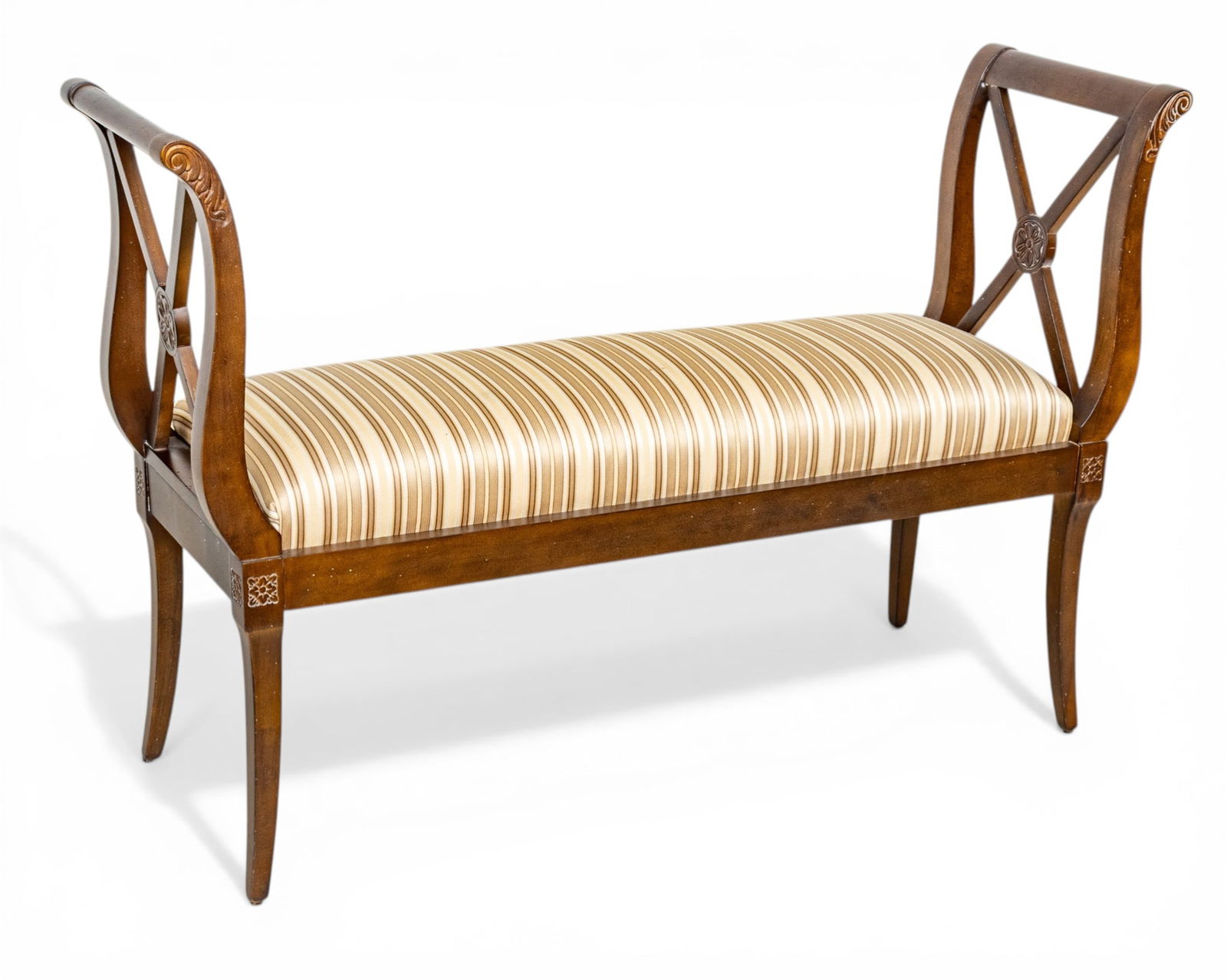 Federal Phyfe-Style Silk Upholstered Mahogany Side Bench 20th C., H 35.5" W 54.5" Depth 15.75": Federal Phyfe-Style Silk Upholstered Mahogany Side Bench 20th C., H 35.5" W 54.5" Depth 15.75" Silk upholstered side bench, mahogany with decorative pillows. X-form sides, raised on splayed tapering l