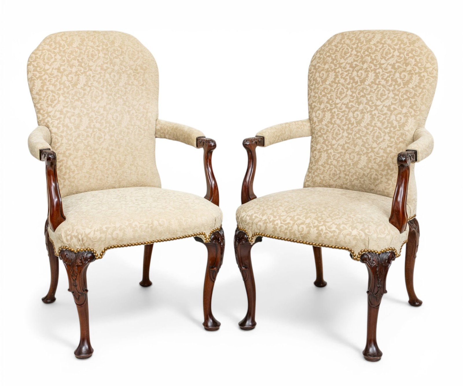 Queen Anne Style Upholstered Mahogany Arm Chairs 20th C., H 41.5" W 22" Depth 26" 1 PAIR: Queen Anne Style Upholstered Mahogany Arm Chairs 20th C., H 41.5" W 22" Depth 26" 1 PAIR Upholstered seat-back, seat and arm with brass nail head trim, acanthus leaf motif and cabriole leg. Dimension: