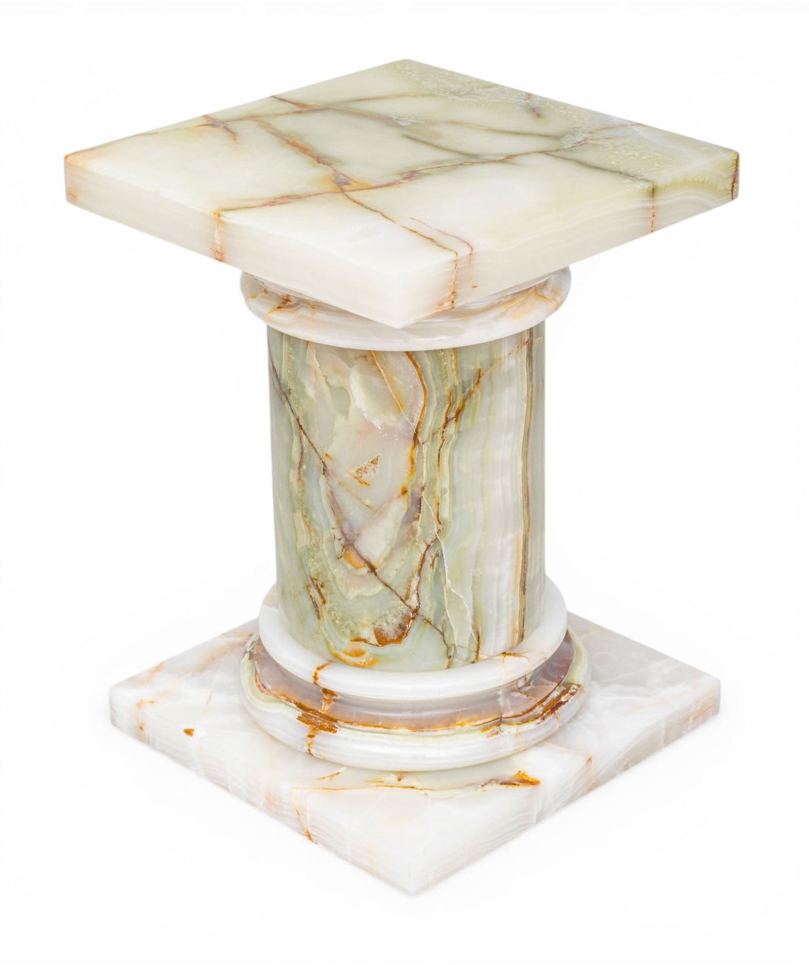 Onyx Pedestal with Tuscan Capital 1920, H 25" W 18" L 18": Onyx Pedestal with Tuscan Capital 1920, H 25" W 18" L 18" Made carefully in sections. Swivel top. Square top and matching base. Cylindrical column. Provenance: Property from the collection of a