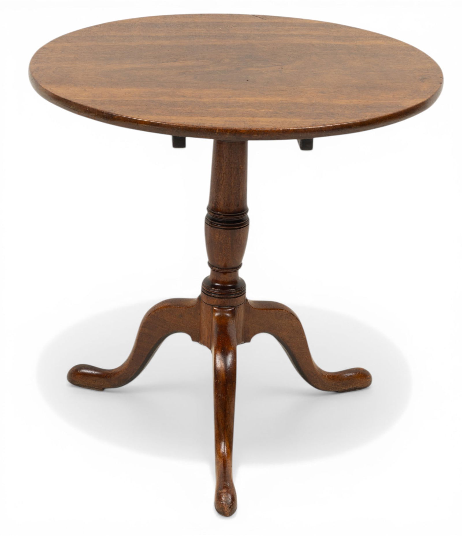 Queen Anne Style Mahogany Tilt-Top Table, Ca. 19th C., H 28" W 28" L 28": Queen Anne Style Mahogany Tilt-Top Table, Ca. 19th C., H 28" W 28" L 28" Having a round top above turned columnar support above triform base terminating in snake feet. Provenance: Property from