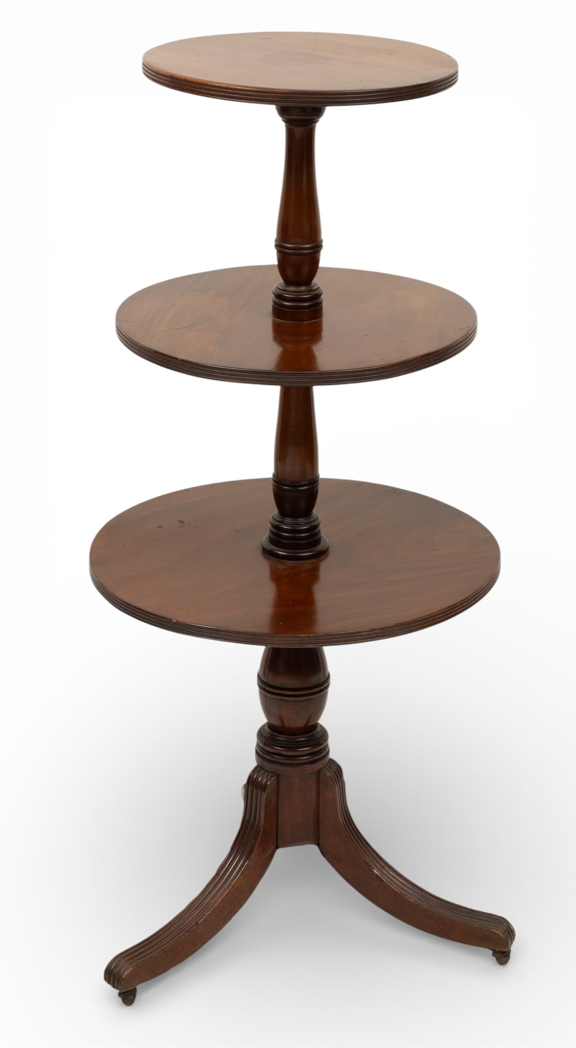 English Three Tier Carved Mahogany Dessert Server, Ca. 1920, H 44" Dia. 20": English Three Tier Carved Mahogany Dessert Server, Ca. 1920, H 44" Dia. 20" Having three graduating circular serving tops, all having reeded edges and supported by carved baluster supports. Top Dia. 1