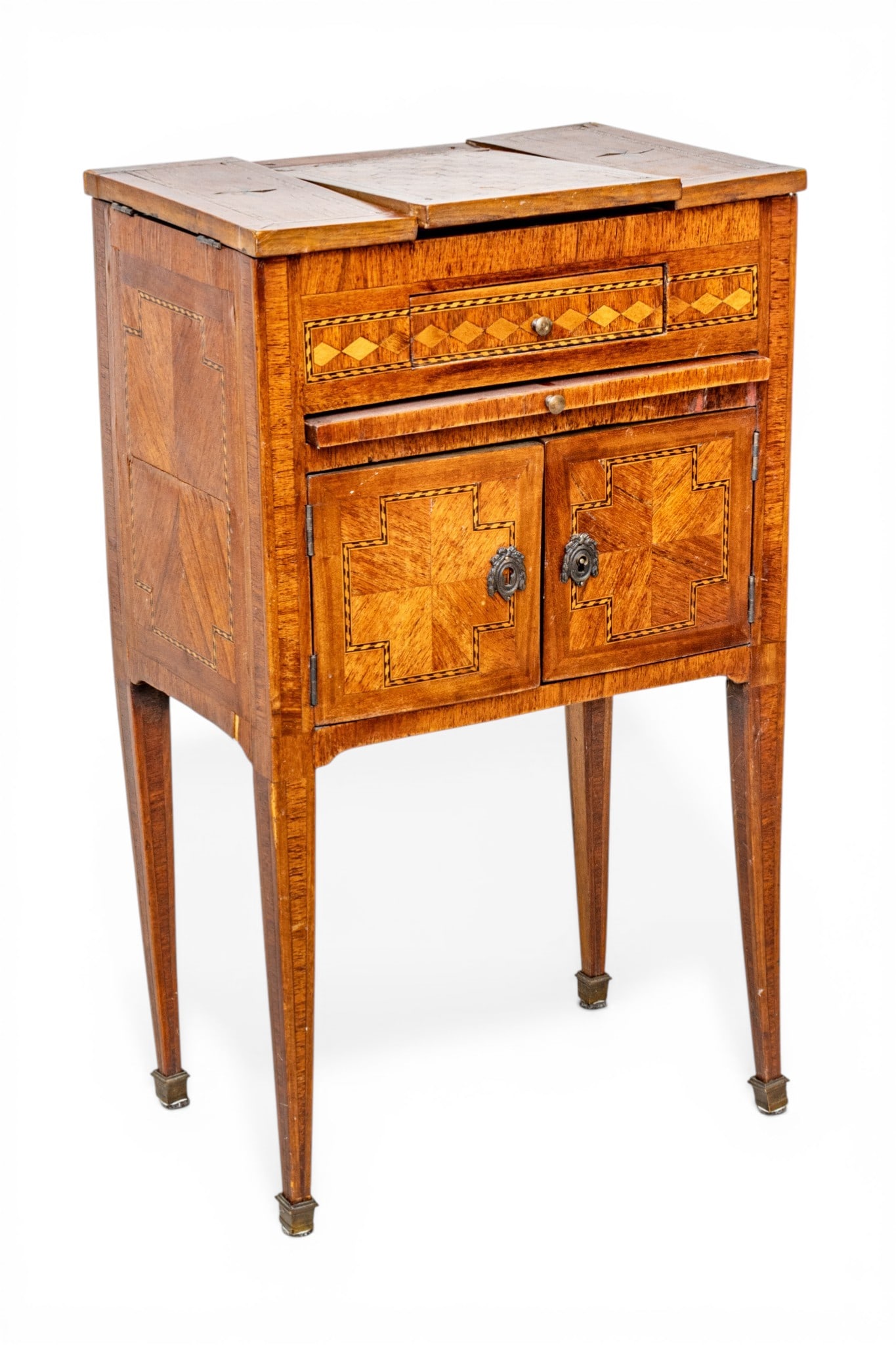 French Walnut Parquetry Vanity Stand, Ca. Late 19th C., H 29" W 16.75" Depth 11.75": French Walnut Parquetry Vanity Stand, Ca. Late 19th C., H 29" W 16.75" Depth 11.75" The top having a flip-up mirror flanked by star-inlaid compartments above a single drawer over a pull-out shelf and