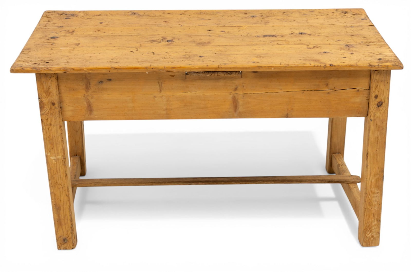 American Rustic Country Pine Tavern Table, Ca. 19th C, H 26" W 25" L 48": American Rustic Country Pine Tavern Table, Ca. 19th C, H 26" W 25" L 48" A rustic pine English tavern style table with a three plank top, raised on four straight legs with H-form stretcher. Provenance