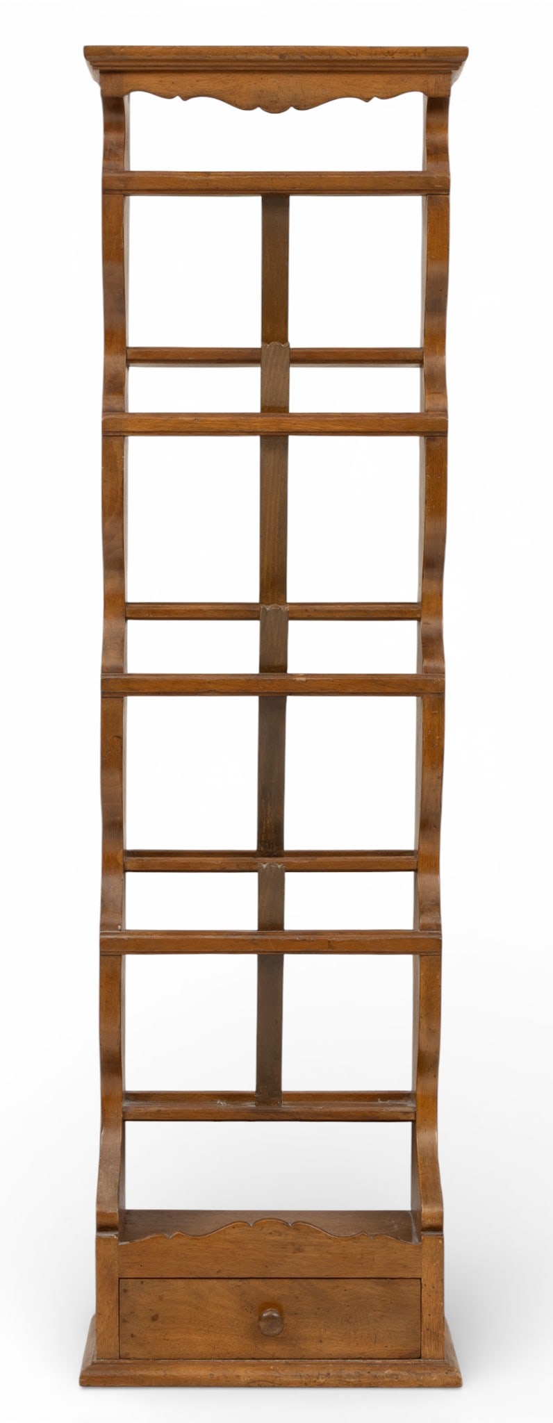 Walnut Wall Mounted Magazine Rack, Ca. 1960, H 50" W 14" Depth 7": Walnut Wall Mounted Magazine Rack, Ca. 1960, H 50" W 14" Depth 7" Four tier open front magazine rack with drawer at base. Heavy solid wood dovetail construction. Provenance: Property from a Gro