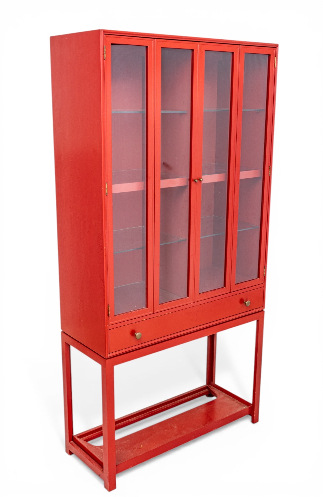 Dunbar Display Cabinet with Secretary Drawer H 72" W 36" Depth 14.5": Dunbar Display Cabinet with Secretary Drawer H 72" W 36" Depth 14.5" Adjustable double glass doors. Seven interior glass shelves above a single long drawer over an open lower tier, raised on four stra