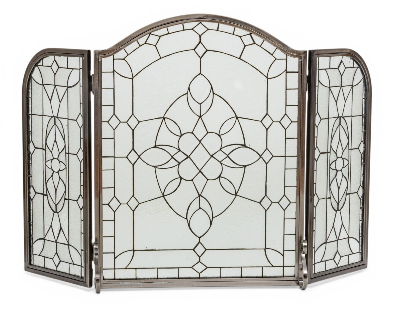 Leaded Beveled Glass Fireplace Screen H 34" W 51" Depth 14": Leaded Beveled Glass Fireplace Screen H 34" W 51" Depth 14" A leaded beveled glass fireplace screen. Tri-fold design with geometric details Provenance: Property from a Birmingham, MI private col