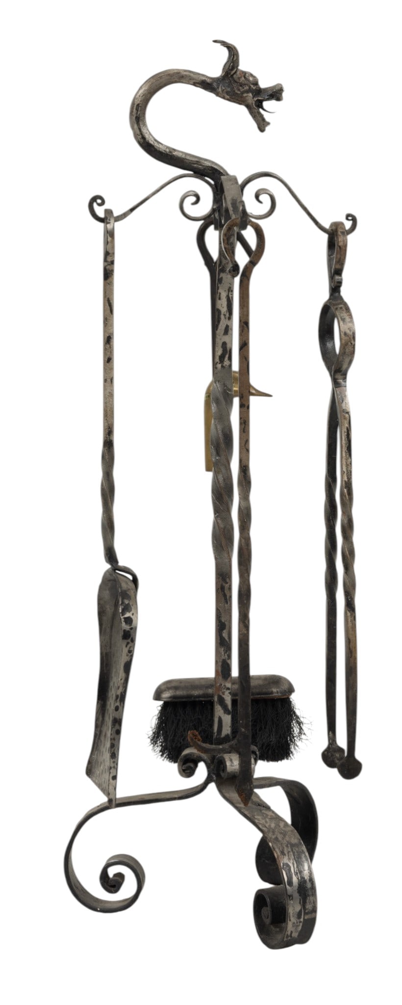 Wrought Iron Fireplace Tool Set 1920, H 31": Wrought Iron Fireplace Tool Set 1920, H 31" Dragon form stand. Tongs, poker, brush, shovel plus stand. Provenance: Property from a Grosse Pointe Farms, MI and New York, NY private collector. Dimensio