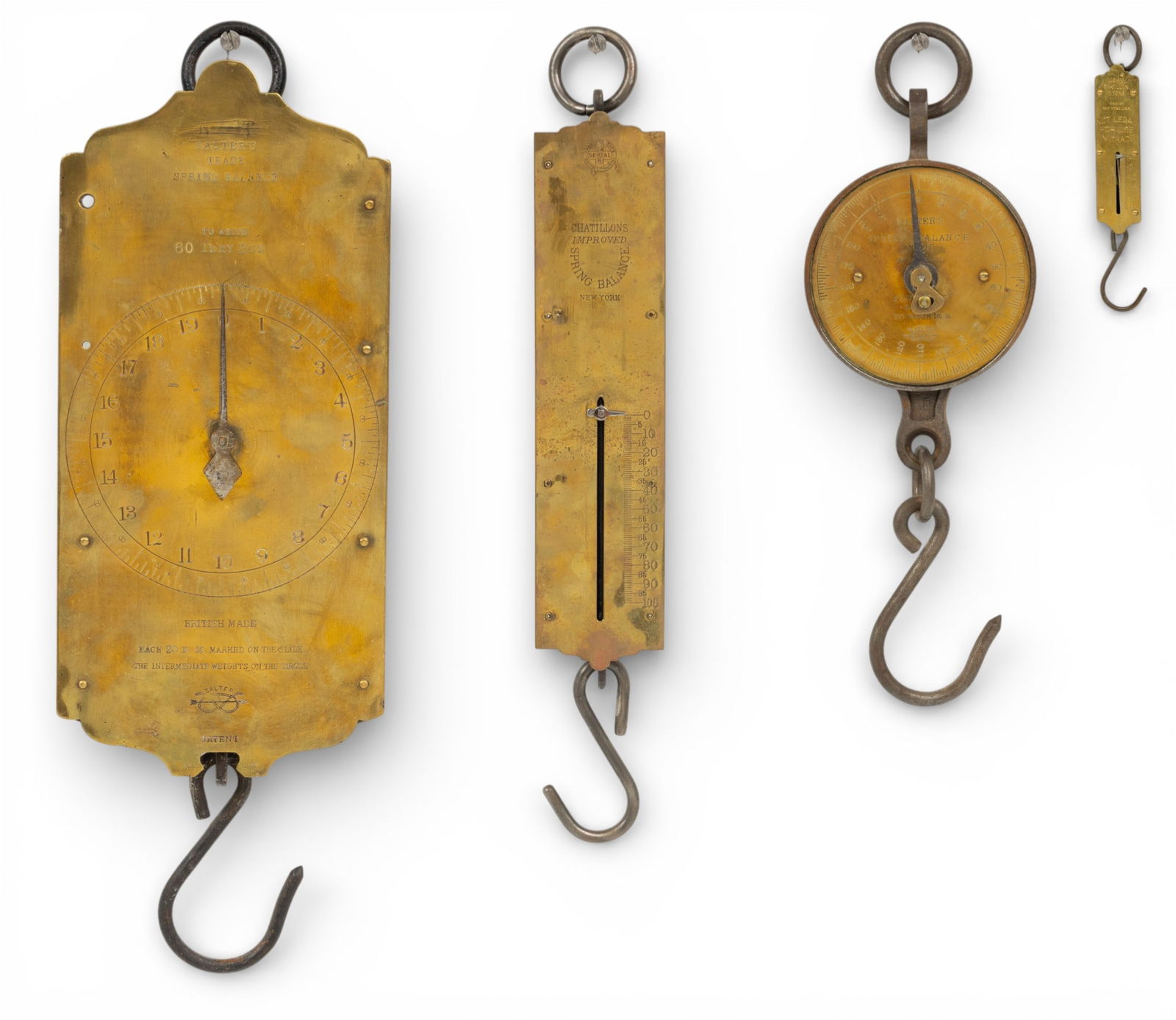English and American Brass Hanging Scale Grouping 19th C., 4 PCS: English and American Brass Hanging Scale Grouping 19th C., 4 PCS Salter's (English) Trade Spring Balance, 0-60 lbs, 15" X 7" X 2"; Salter's No 20 Spring balance (20th c.) 0-200lbs14" X 5.5" X 1.