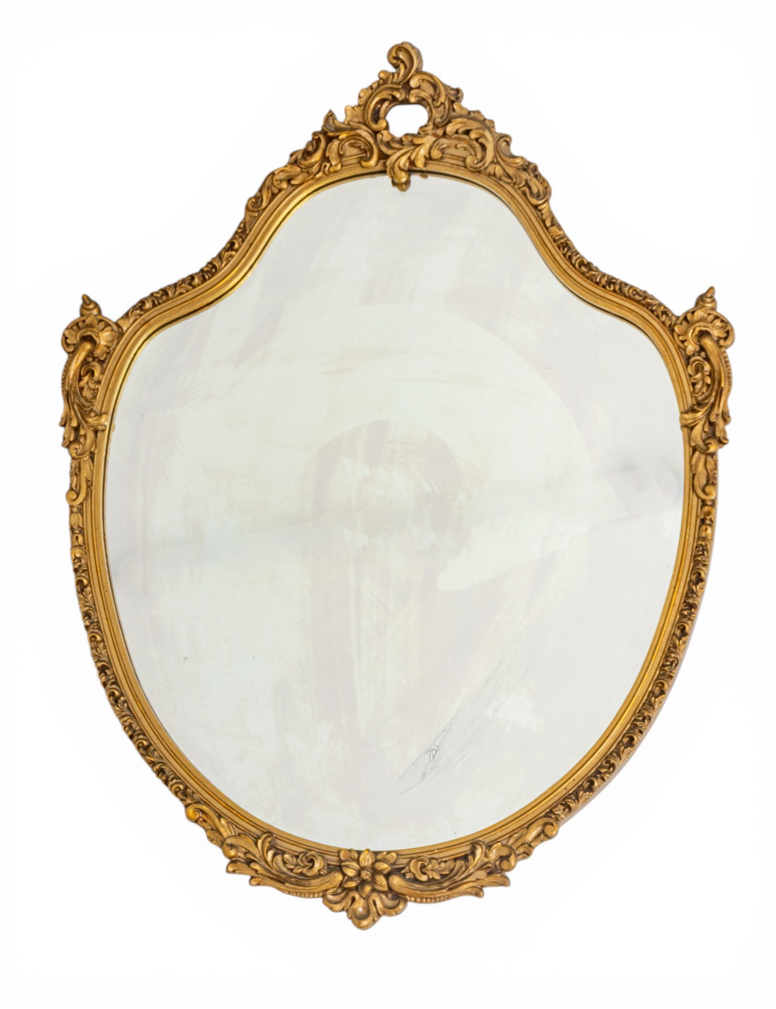 American Rococo Style Carved Giltwood Crest Mirror, Mid 20th C., H 33" W 25": American Rococo Style Carved Giltwood Crest Mirror, Mid 20th C., H 33" W 25" Carved giltwood frame with overall scrolling acanthus leaf designs, with bell flower and rosette accents. Provenance: