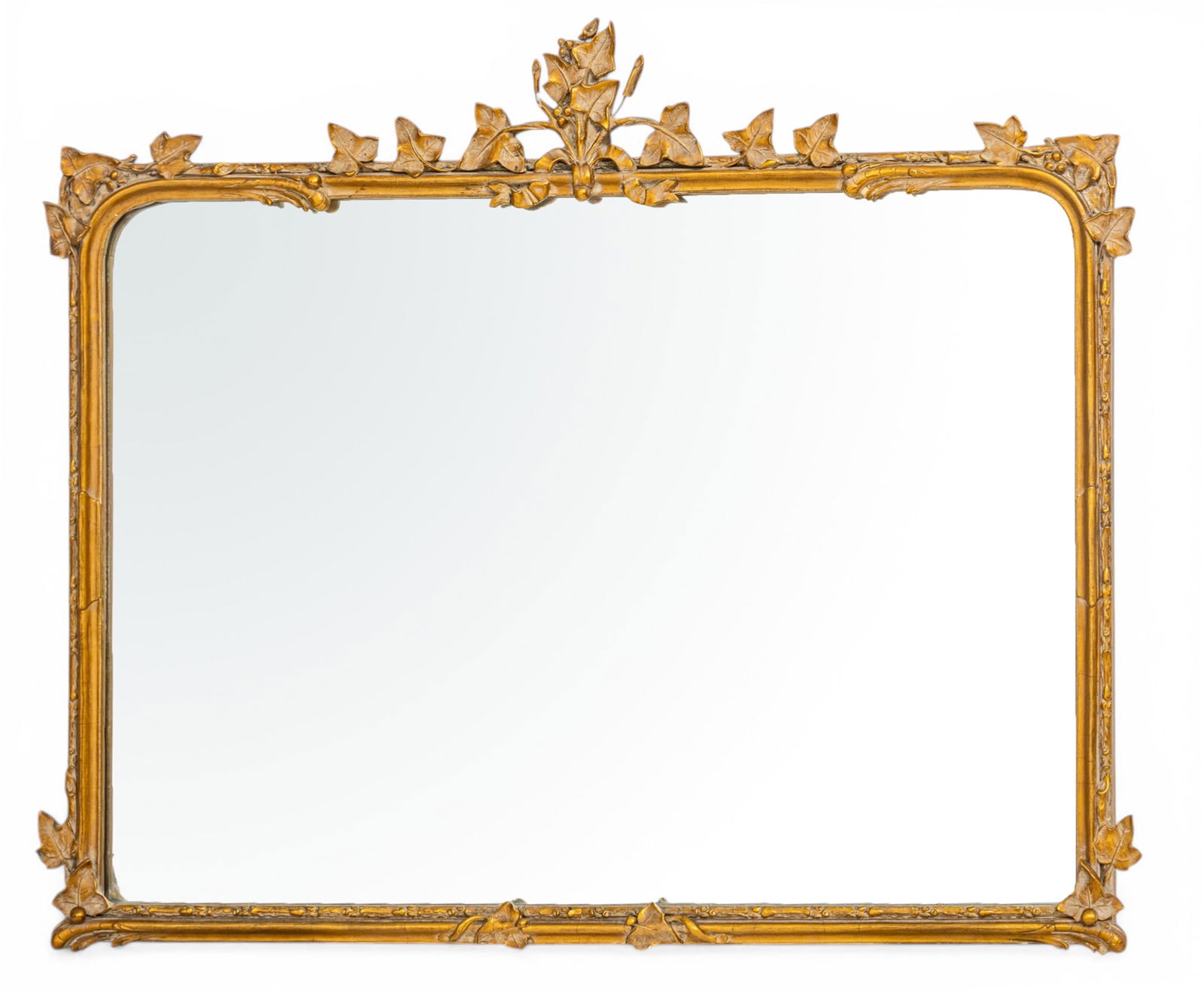 American Art Nouveau Style Giltwood and Gesso Overmantel Mirror, Ca. Early to Mid 20th C., H 33" W: American Art Nouveau Style Giltwood and Gesso Overmantel Mirror, Ca. Early to Mid 20th C., H 33" W 42.5" Giltwood and gesso frame with scrolling ivy accents and finial. Edges detailed with subtle acor