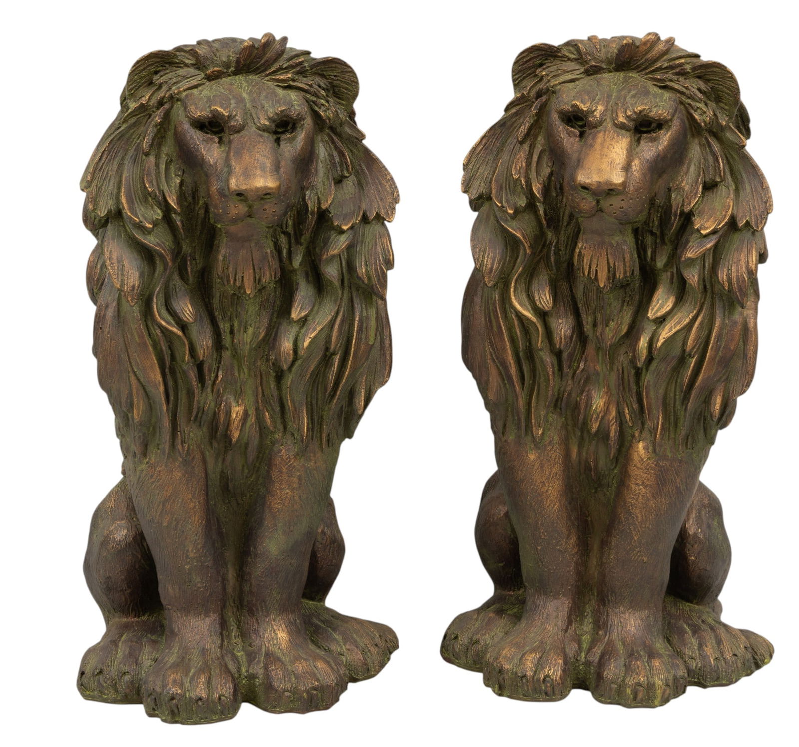 Composition Lion Statues H 28" W 12" Depth 10" 1 PAIR: Composition Lion Statues H 28" W 12" Depth 10" 1 PAIR Seated lions with faux bronze patina. Provenance: Property from the collection of a member of the Kindel family, Grand Rapids, MI Dimension