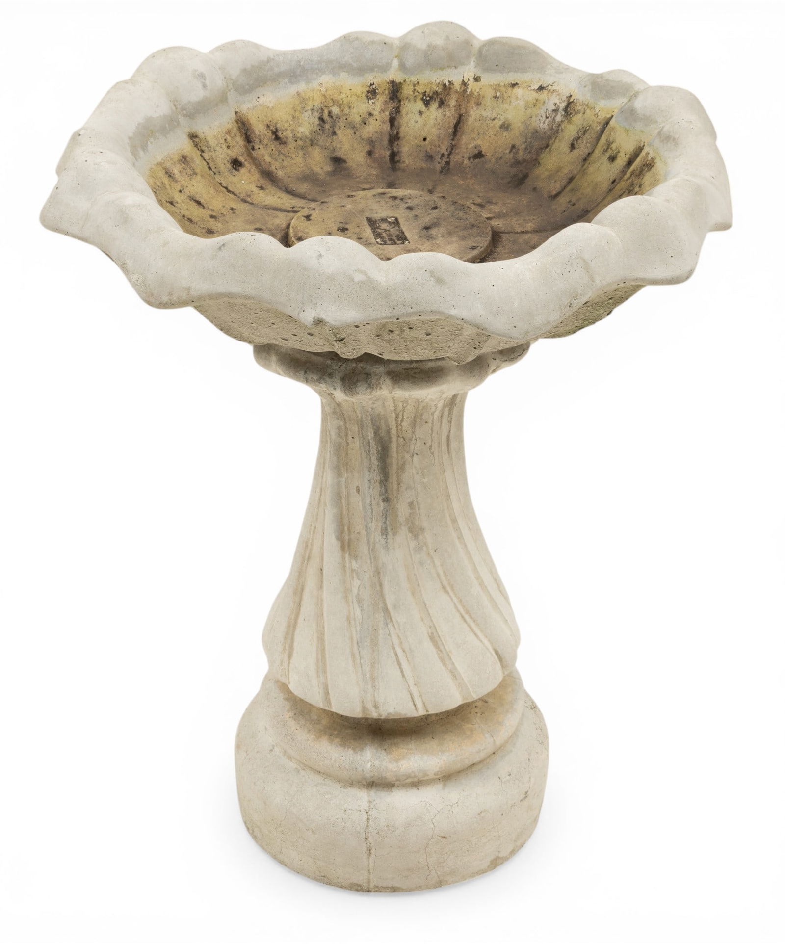 Cast Cement Birdbath 20th Cent., H 26.5" Dia. 21": Cast Cement Birdbath 20th Cent., H 26.5" Dia. 21" Cast cement turned pedestal with a shell formed birdbath. Illegibly marked on interior. Dimensions: H 26.5" Dia 21"