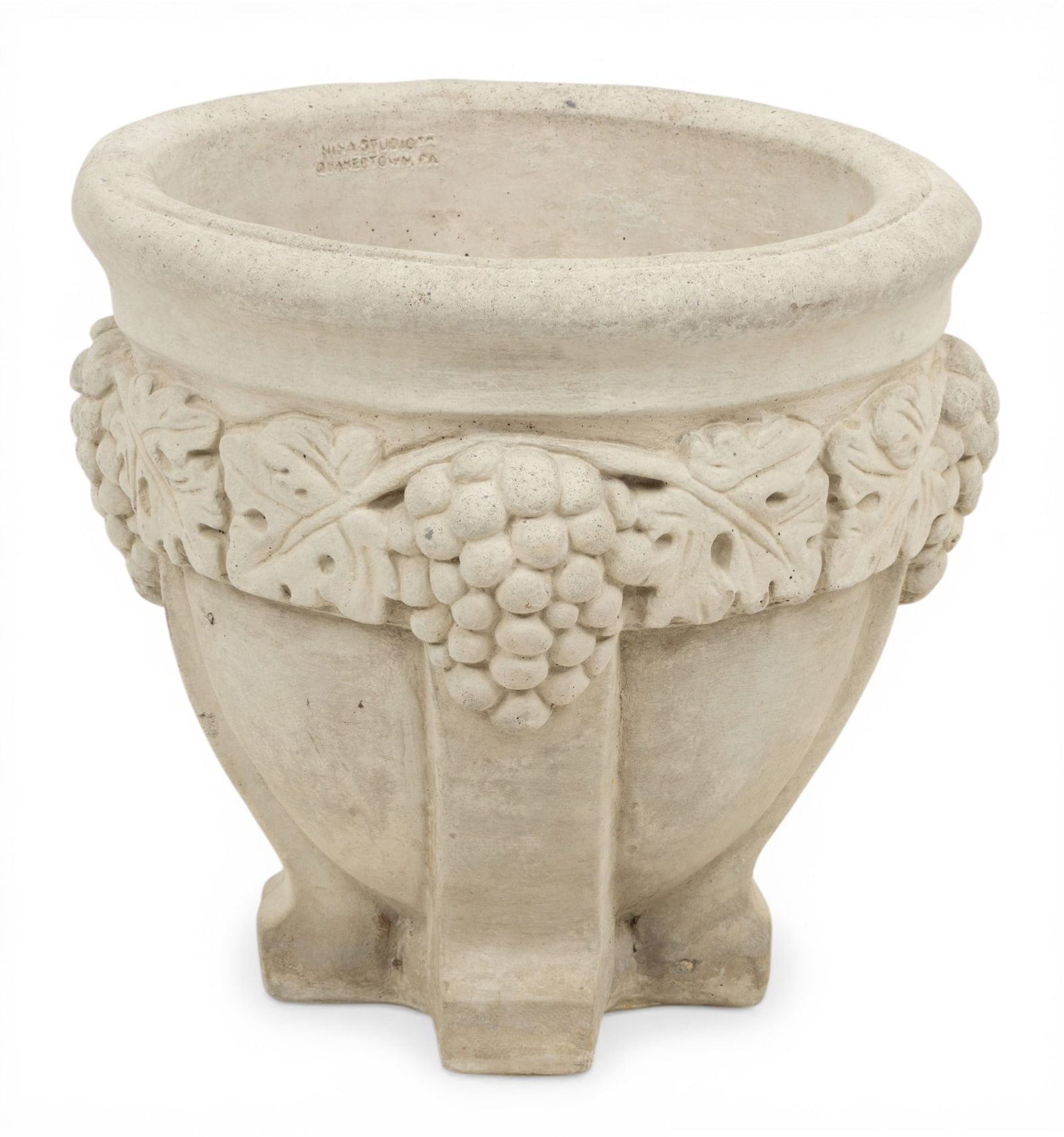 Cast Cement Urn 20th Cent., H 14" Dia. 15": Cast Cement Urn 20th Cent., H 14" Dia. 15" Grape and leaf pattern. Marked Nina Studios on interior. Dimensions: H 14" Dia 15"
