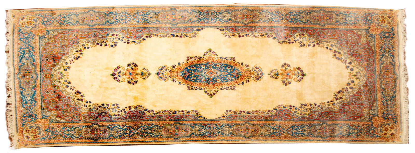 Persian Kerman Handwoven Wool Runner, Ca. 1950, W 5' 11" L 16': Persian Kerman Handwoven Wool Runner, Ca. 1950, W 5' 11" L 16' Ivory central field bracketed in salmon. Floral central medallion and outer border in blue, beige, green and red. Provenance: Prop