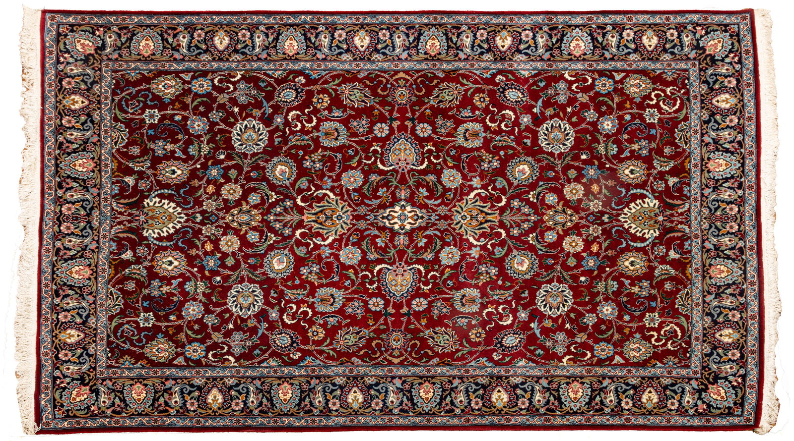 Persian Tabriz Handwoven Wool Rug, Ca. 1960-1980, W 6' 1" L 9' 10": Persian Tabriz Handwoven Wool Rug, Ca. 1960-1980, W 6' 1" L 9' 10" Red central field with bold floral pattens. Navy outer border. Provenance: Property from the collection of Margarat Weerakoon,