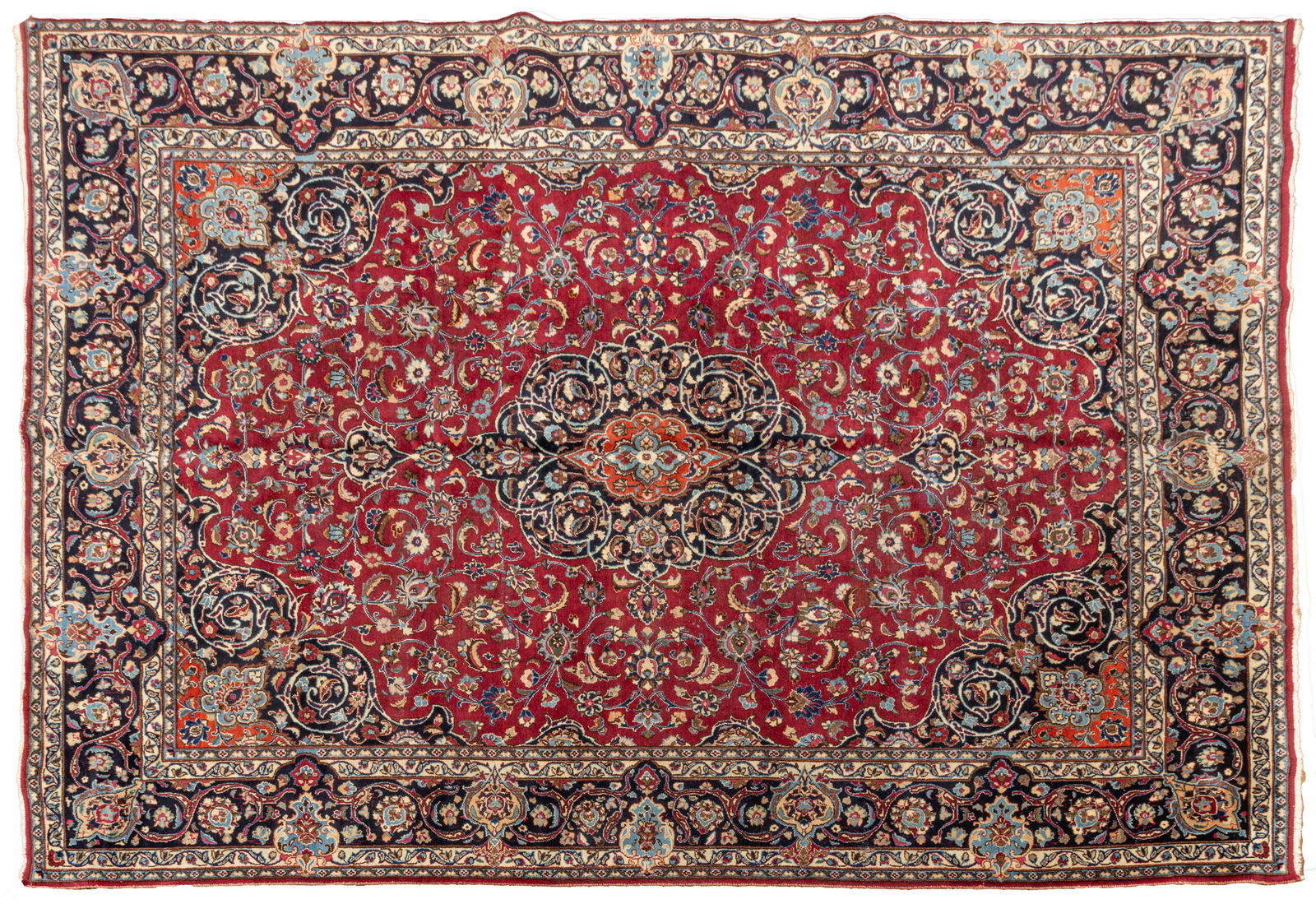 Persian Sarouk Handwoven Wool Rug, Ca. 1950-1960, W 9' 8" L 12' 10": Persian Sarouk Handwoven Wool Rug, Ca. 1950-1960, W 9' 8" L 12' 10" Central red field with navy brackets, medallion and out border. All over floral patterns. Provenance: Property from the colle