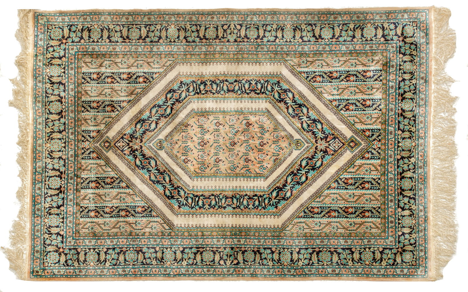 Perisan Qum Handwoven Silk Rug, 1980s, W 4' 8" L 7' 7": Perisan Qum Handwoven Silk Rug, 1980s, W 4' 8" L 7' 7" Salmon color central medallion with stylized scrolling floral designs surrounded by beige and navy borders. Brackets of alternating bands of beig
