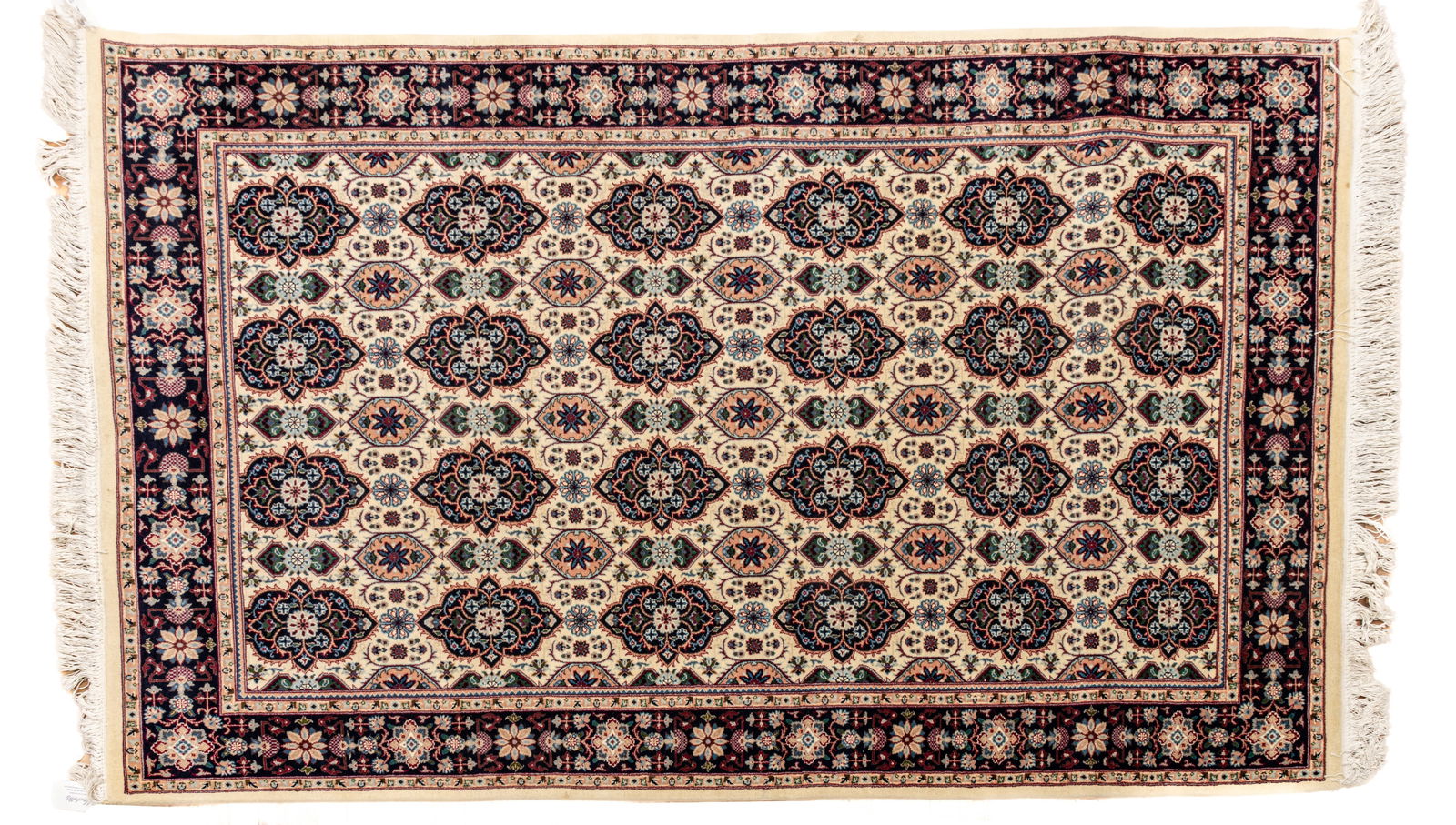 Afghan Saruqi Handwoven Wool Rug, Ca. 1980, W 5' 1" L 8' 1": Afghan Saruqi Handwoven Wool Rug, Ca. 1980, W 5' 1" L 8' 1" Ivory central field with geometric flower adorning the center. Provenance: Property from the collection of Margarat Weerakoon, Oak Park, MI