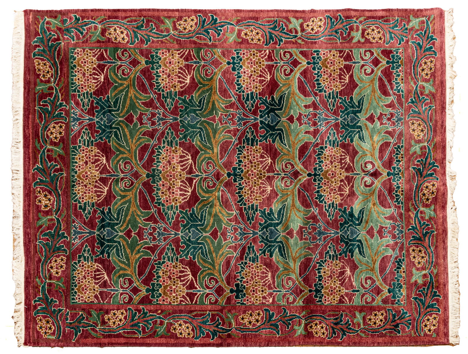 Tibetan William Morris Style Handwoven Wool Rug, Ca. 1980, W 5' 3.5" L 6' 6": Tibetan William Morris Style Handwoven Wool Rug, Ca. 1980, W 5' 3.5" L 6' 6" Raspberry-tone central field with scrolling leaf and floral cluster design. Provenance: Property from the collection